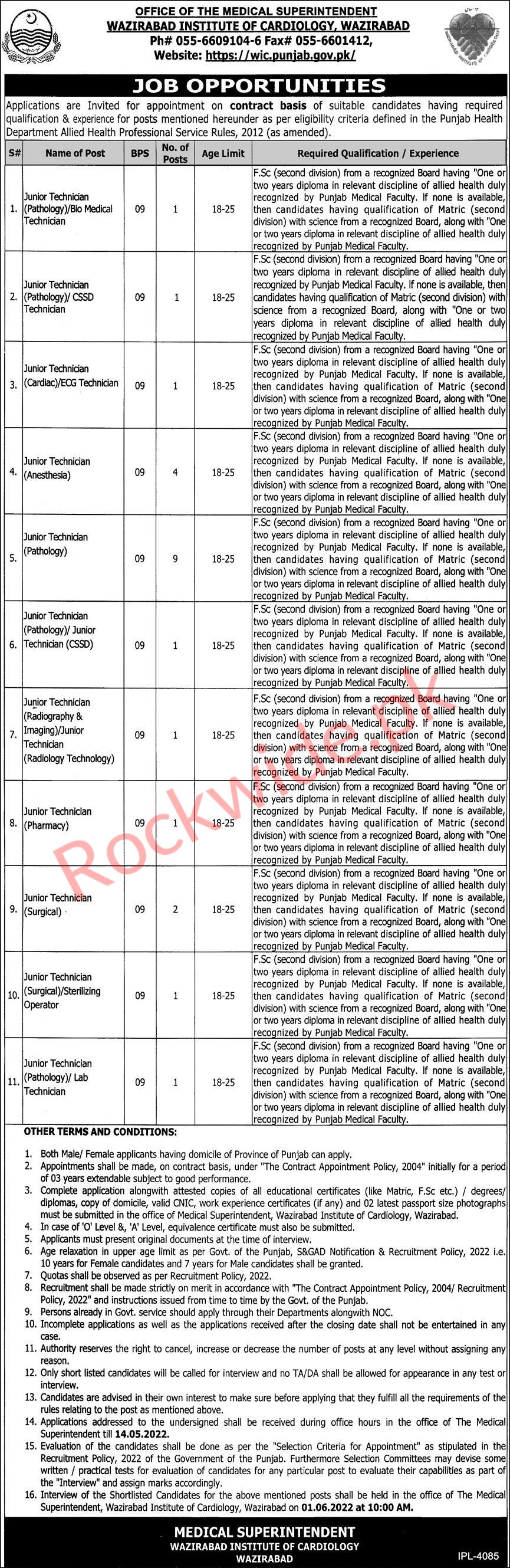 Office of The Medical Superintendent Wazirabad Institute of Cardiology jobs